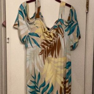 JM Collection Asymmetrical Blue and Brown Short Sleeve Blouse